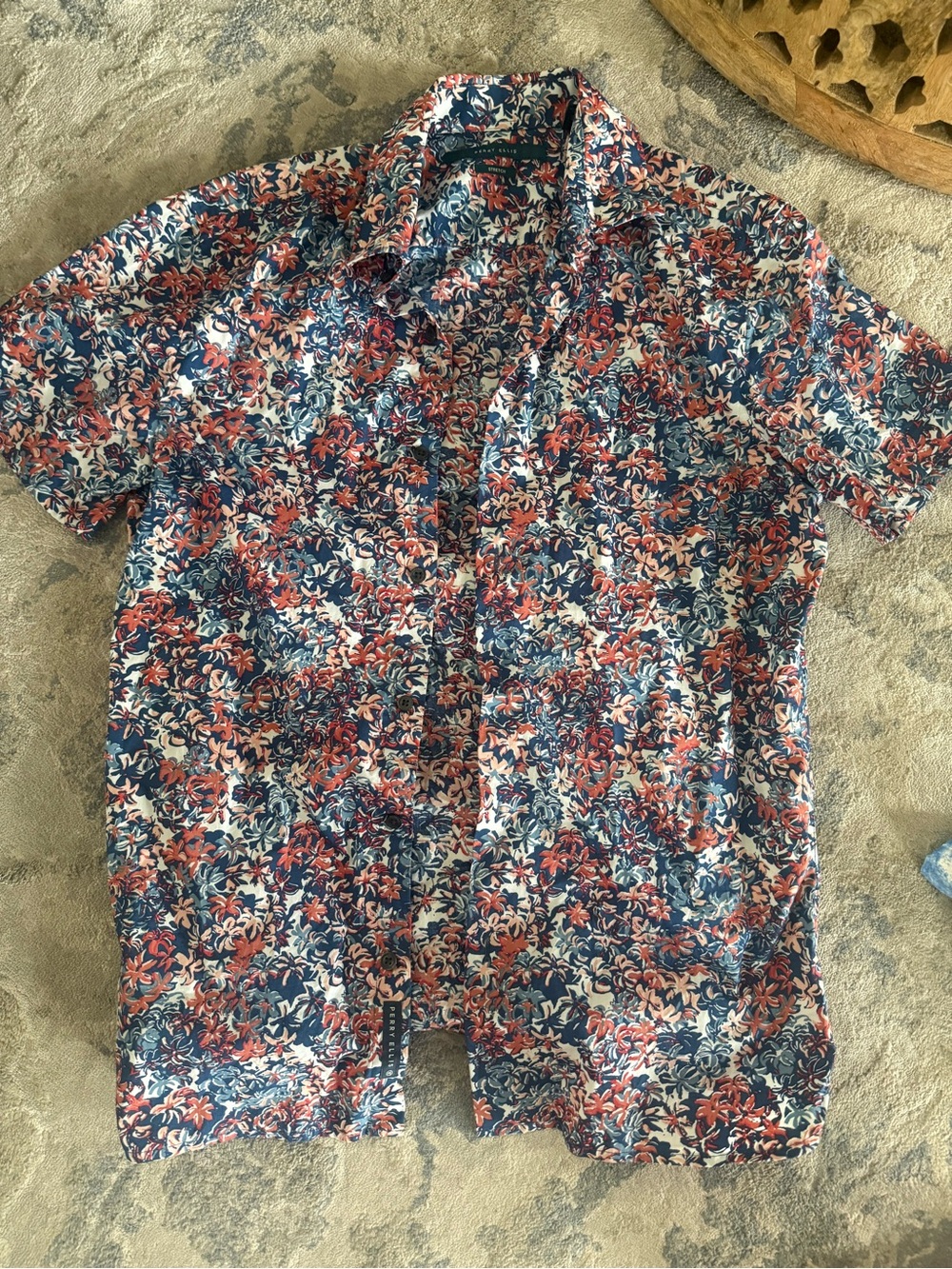 Perry Ellis Short-Sleeve Floral Button-Down Shirt - Navy & Coral